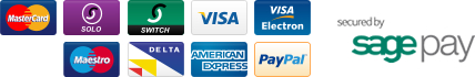 Accepted payment methods. Visa, Mastercard, Solo, Switch, Maestro, Visa Electron Delta, American Express, Paypal. Secured by Sage Pay